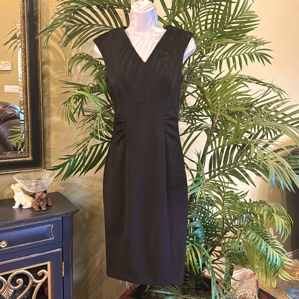 Calvin Klein Little Black Sheath Dress, V-neck, with Ruched Front, Size 6